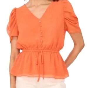NWT 1 State Orange Puff Sleeve Top Size M Popover V-Neck Faux Button Down Front